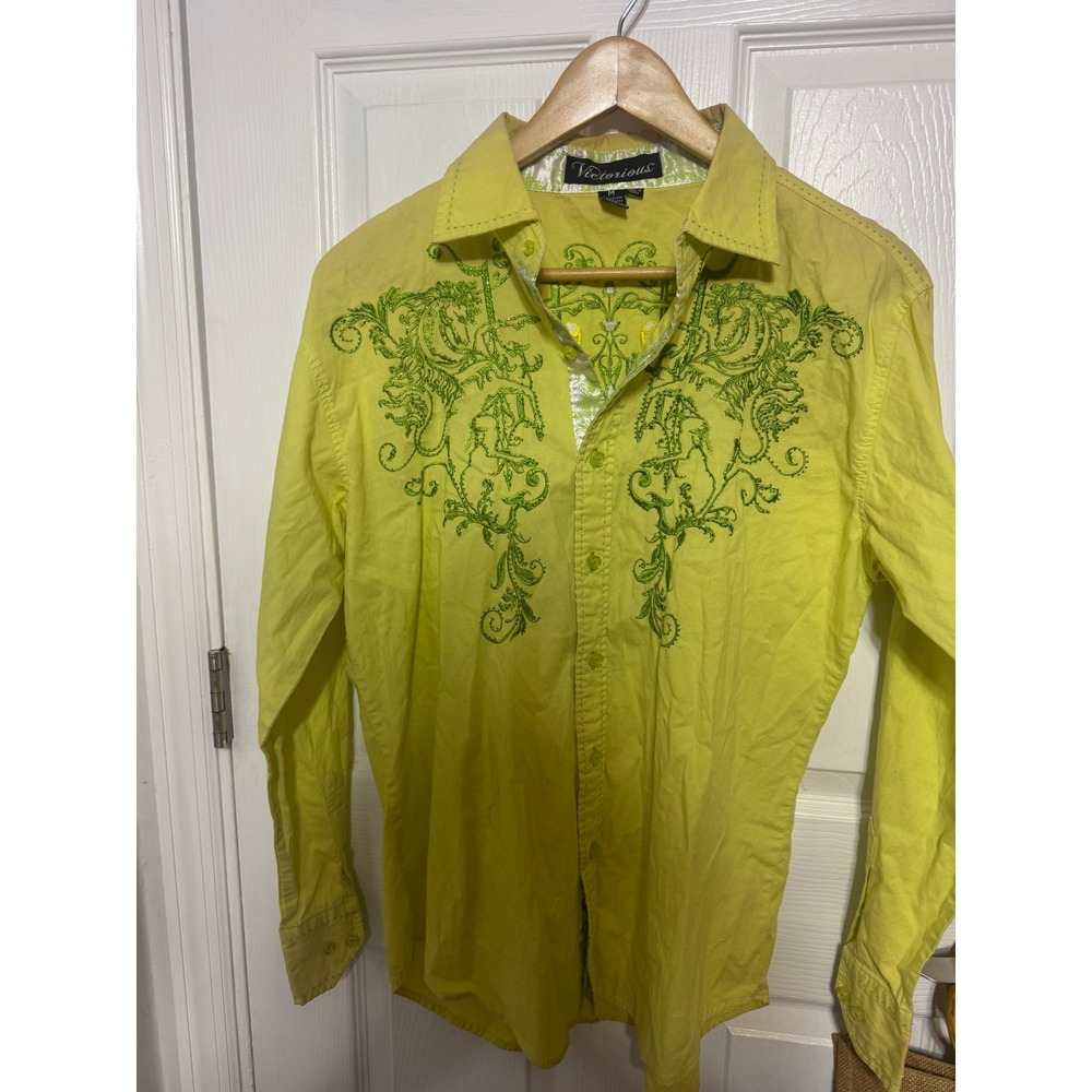 Victorious Mens Yellow Embroidered Horse Crest Button Down Shirt Long Sleeve M